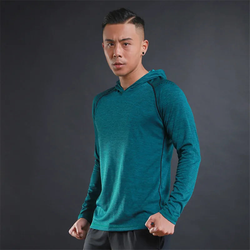 Sport Bodybuilding Sweatshirt Running Jacket Men Hoodies Gym Training Fitness Compression Jersey Long Sleeved T-Shirts Fast Dry green