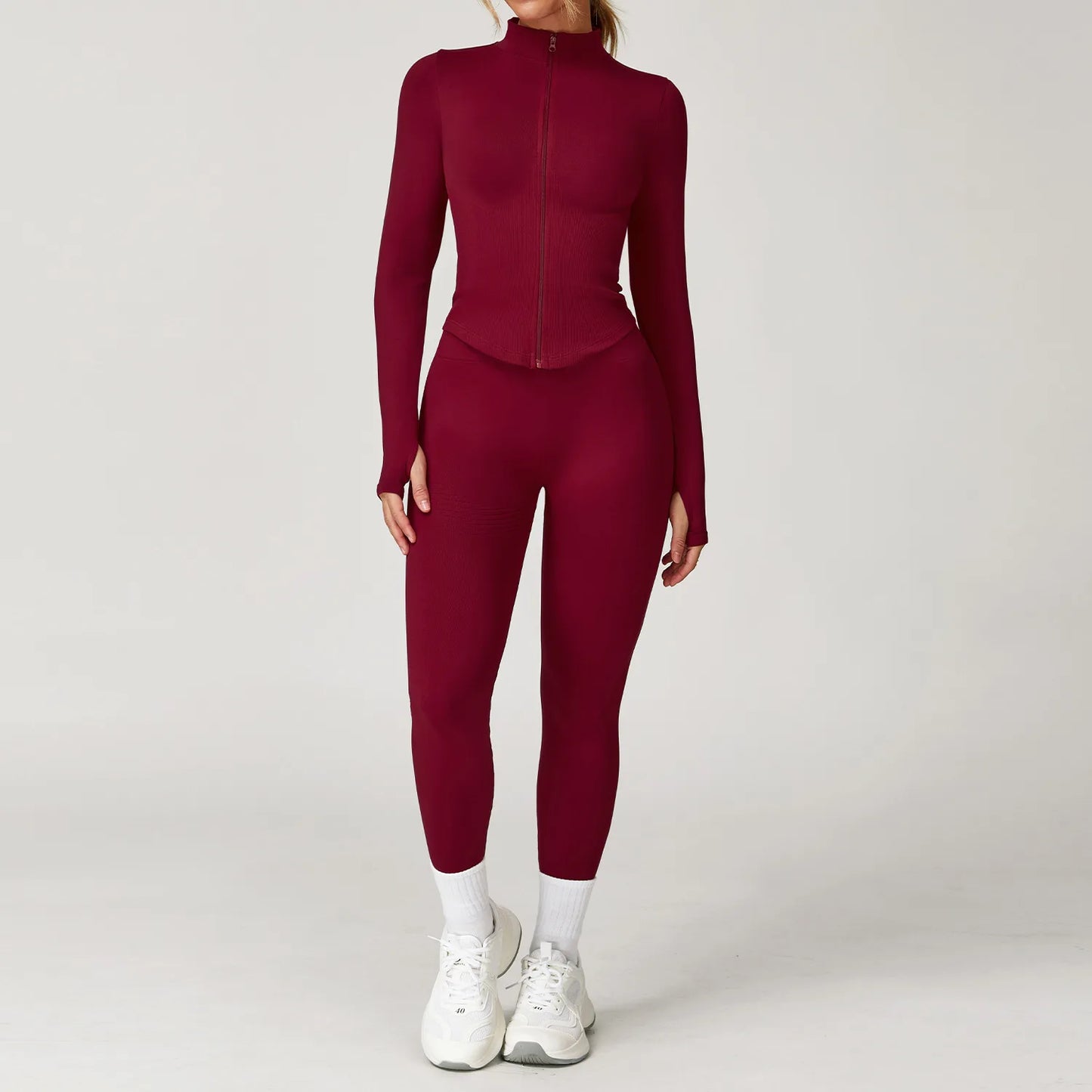 2/3/4PCS Yoga Set Gym Clothes Sportswear Seamless Yoga Suits For Women Fitness Long Sleeved Tracksuits Sports Bra Gym Leggings Cherry Red Set 4 China Mainland