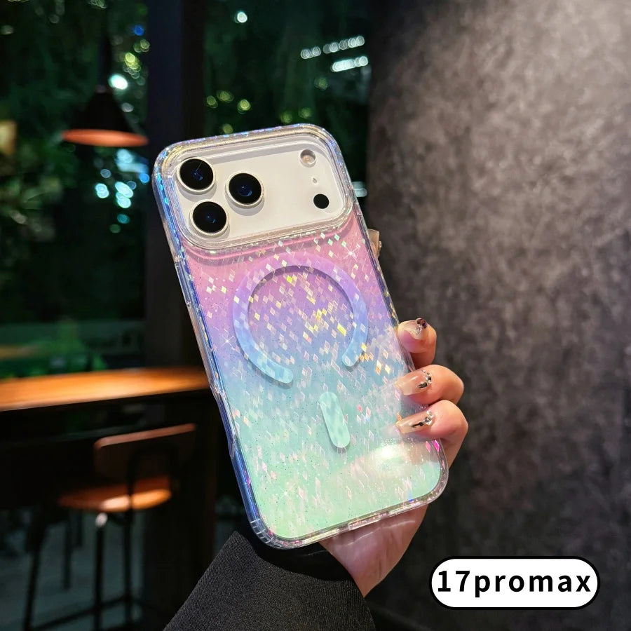Suitable For iPhone 17pro max case，17 Air ，17Pro Transparent PC +TPU Hard glittery gradient Magnetic protective case K4