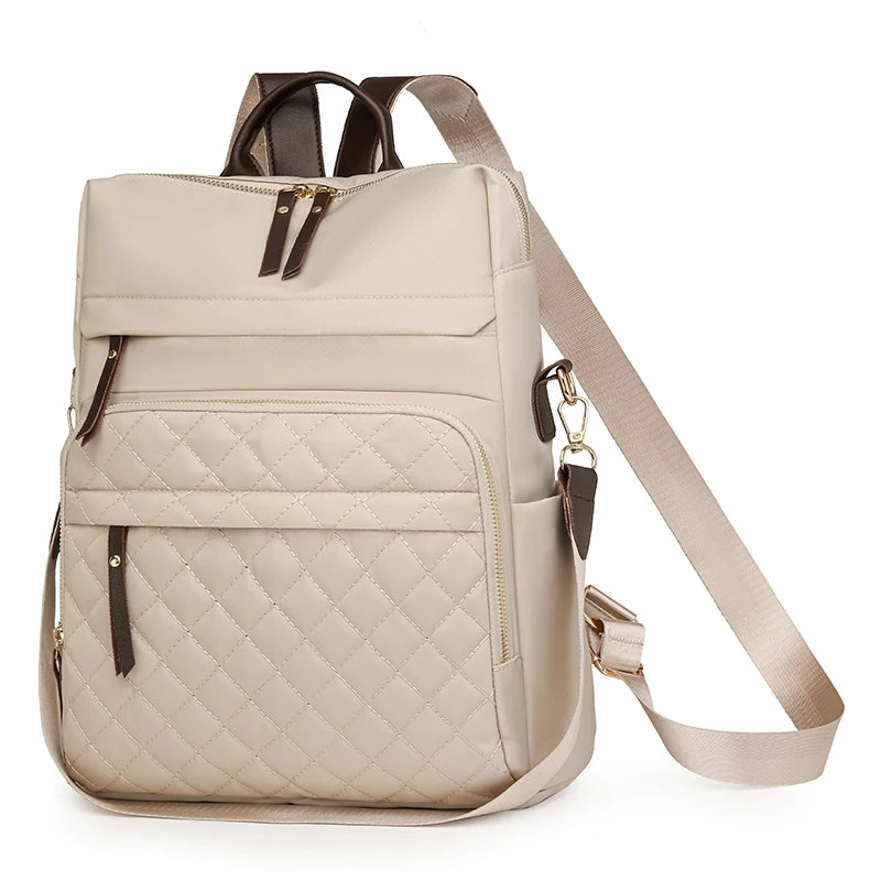 Fashion Plaid Daypack Women Waterproof Nylon Backpack Purse Ladies Large Capacity Book Bag Outdoor Travel Weekend Schoolbags Beige 14 inches