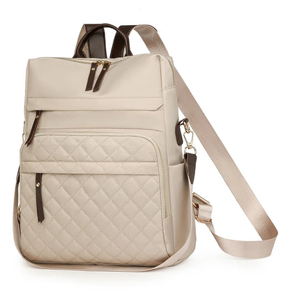 Fashion Plaid Daypack Women Waterproof Nylon Backpack Purse Ladies Large Capacity Book Bag Outdoor Travel Weekend Schoolbags Beige 14 inches