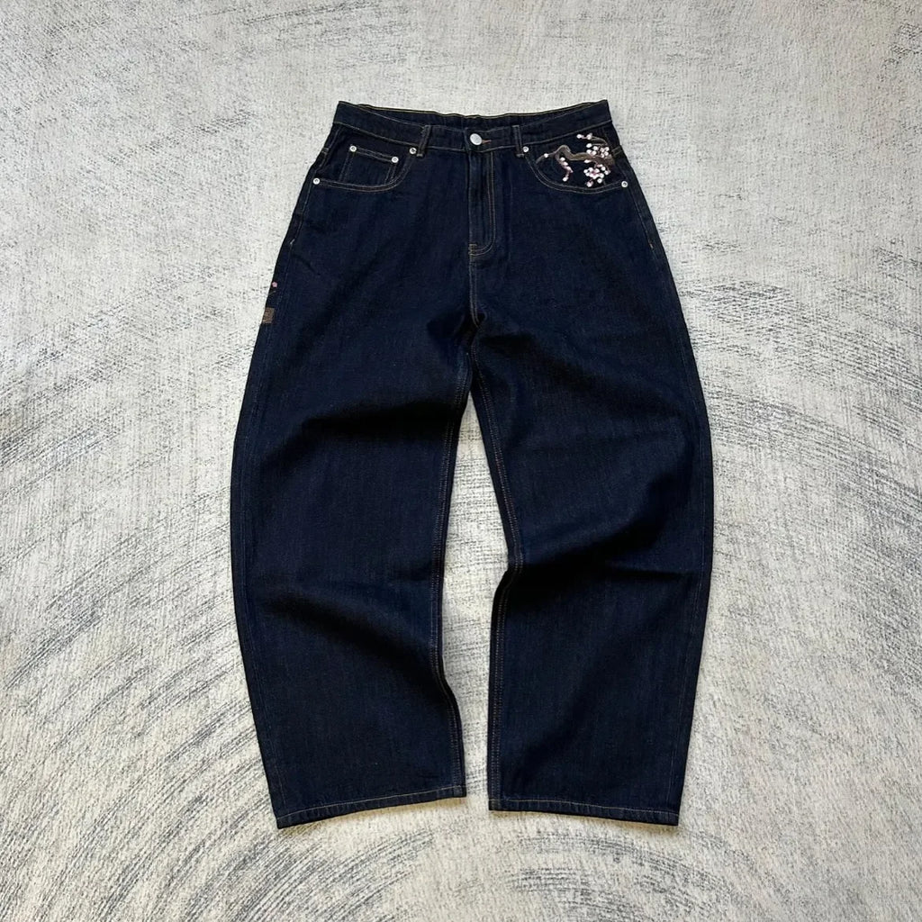 Vintage Low Waist Hip Hop Cherry Blossom Embroidered Jeans Wide Leg Trousers Y2K Clothes Mens Womes Embroidered Baggy Jeans
