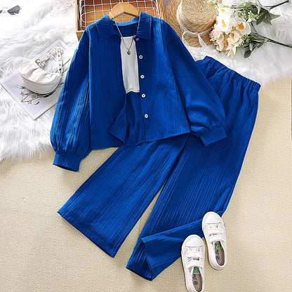 Girls Sets 4-16 Years Shirt Long-Sleeved Coat + Loose Casual Long Pants For Girls Korean Style Suits Summer Fashion Clothes Sets CF5028 Blue