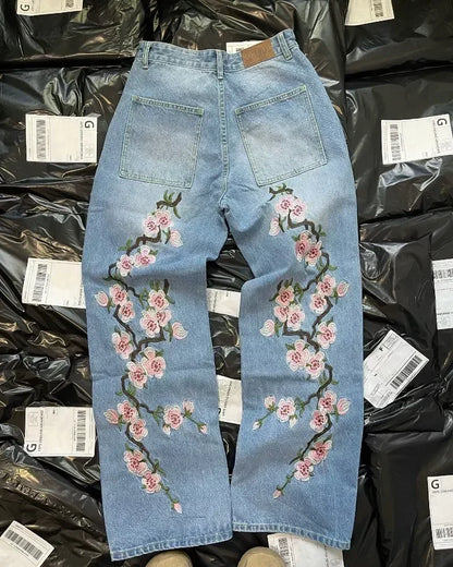 Cherry Blossom Embroidered Baggy Jeans — Y2K Low Waist Wide Leg, Unisex 2