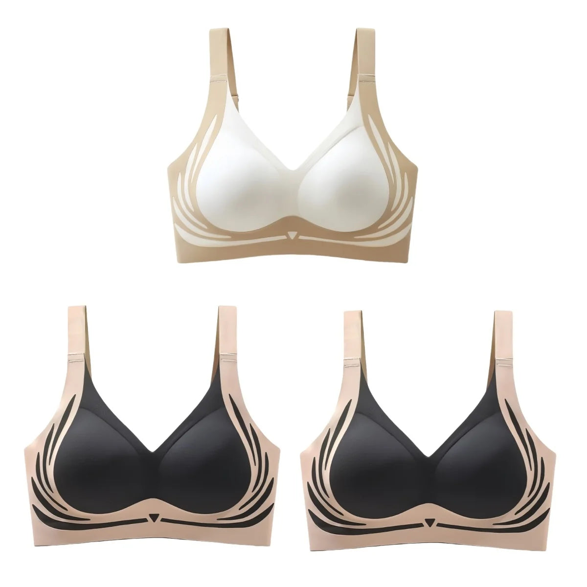 3Pcs/Set Push-Up Bras Women Non-wire Brassiere Adjust Straps Bralette Seamless Padded Underwear Breathable Plus Size Bra M-4XL Ivory Black Black One Size