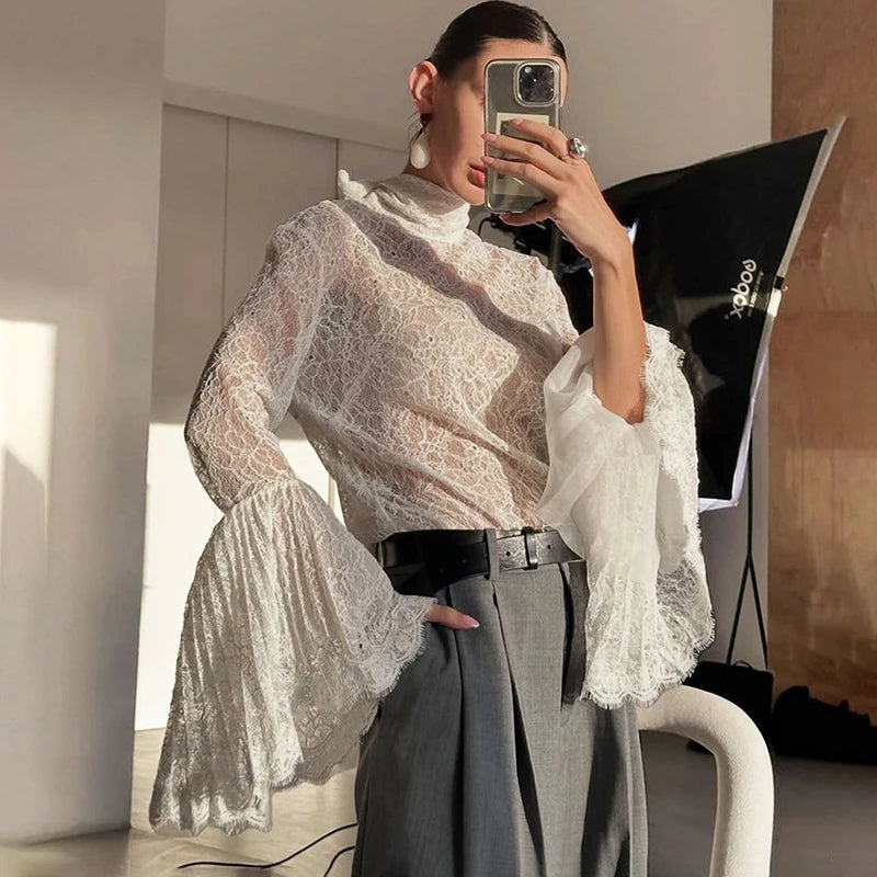 Tornova Sexy Lace Women's T shirt Ruffled Sleeve Ribbon Blouse Fashion Pullover Top 2025 Fall Winter Casual Office Lady T shirt