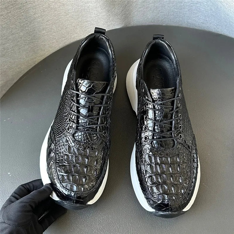 Authentic Real Crocodile Skin Classic Black White Men Soft Sneakers Genuine Exotic Alligator Leather Male Lace-up Walking Flats black