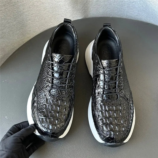 Authentic Real Crocodile Skin Classic Black White Men Soft Sneakers Genuine Exotic Alligator Leather Male Lace-up Walking Flats black