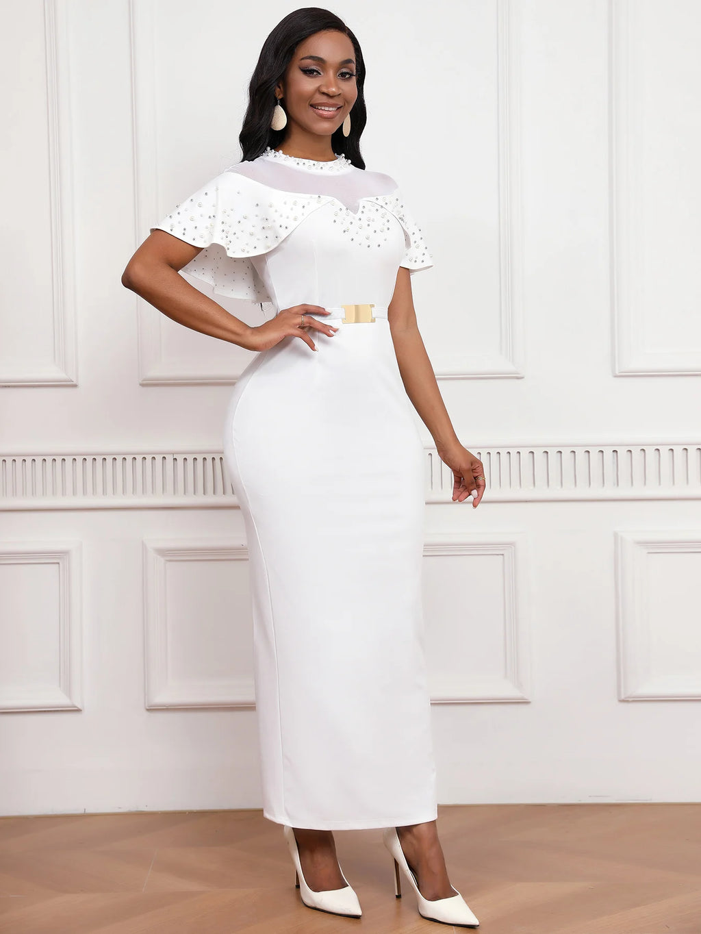 2025 Fashion Elastic Banquet Elegant Dress with Beaded Tulle Shawl Sleeves, Belted, Slim-Fitting, and Pencil Long Skirt