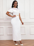 2025 Fashion Elastic Banquet Elegant Dress with Beaded Tulle Shawl Sleeves, Belted, Slim-Fitting, and Pencil Long Skirt