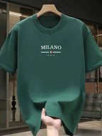 Men's 100% pure cotton fashionable casual loose Italian style Milan letter printed round neck short sleeved T-shirt top
