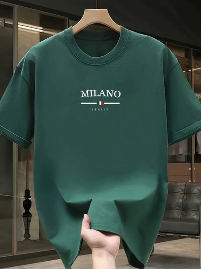 Men's 100% pure cotton fashionable casual loose Italian style Milan letter printed round neck short sleeved T-shirt top