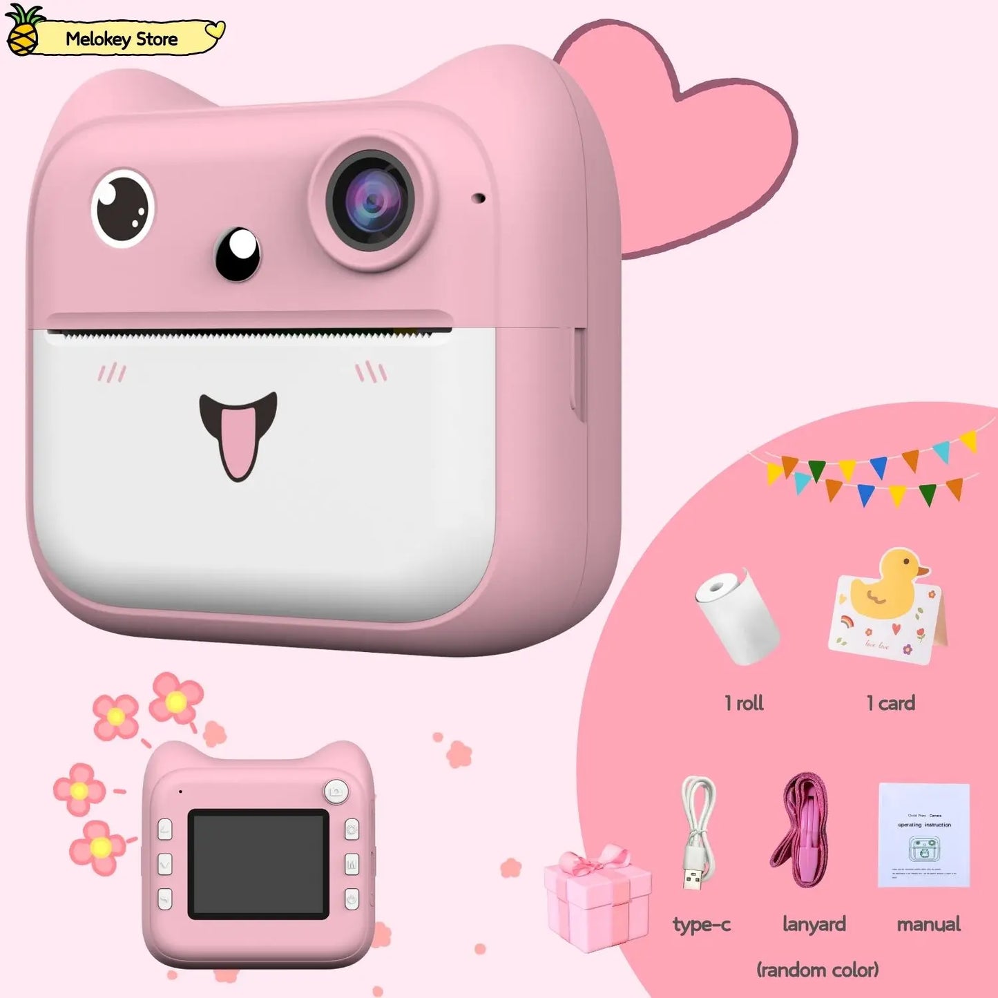 Kids Photo Camera Printer with Game Cute Pink Blue Mini Digital Video Child Instant Print Camera 4-12 Years Kids Girls Boys Gift Pink-Set1