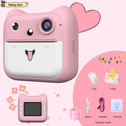 Kids Photo Camera Printer with Game Cute Pink Blue Mini Digital Video Child Instant Print Camera 4-12 Years Kids Girls Boys Gift Pink-Set1