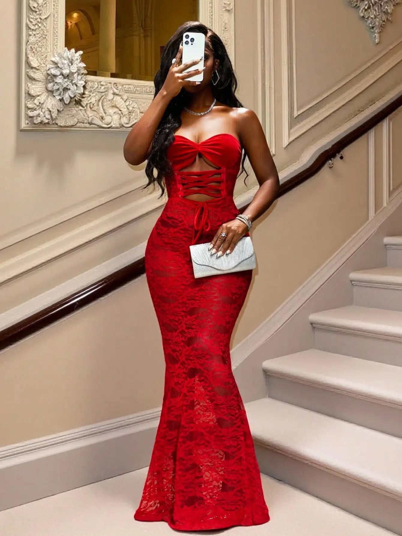 Red Strapless Lace Maxi Dress with Corset Back and Fishtail Hem