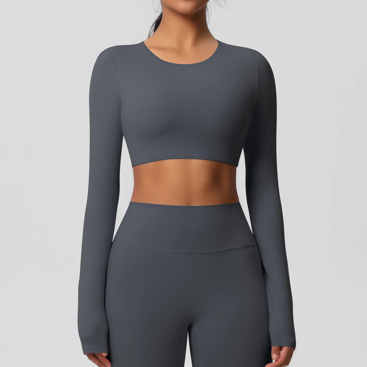 Yoga Shirts For Women Long Sleeve With Padded Fitness Running Gym Clothes Workout Dry Fit Breathable High Elastic Sports Top Graphite Grey