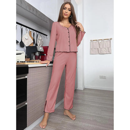 Europe hot-selling women's pajamas set autumn and winter pit strip cardigan long-sleeved trousers loungewear set Pink