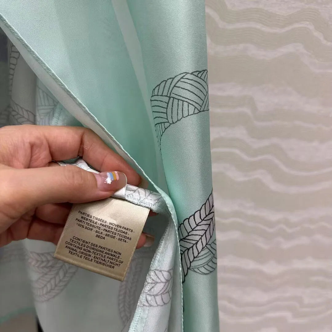 Luxury 100% Silk Vintage Dress Women V-neck Short Sleeve Rope Totem Printing Belt Mint Green Elegant Lady Long Dresses