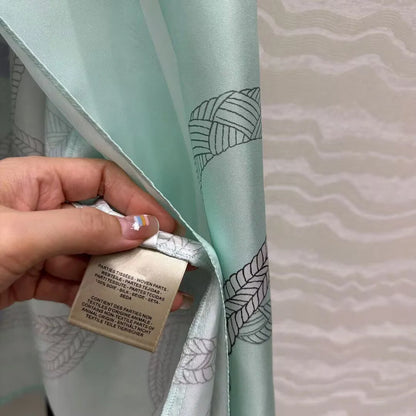 Luxury 100% Silk Vintage Dress Women V-neck Short Sleeve Rope Totem Printing Belt Mint Green Elegant Lady Long Dresses