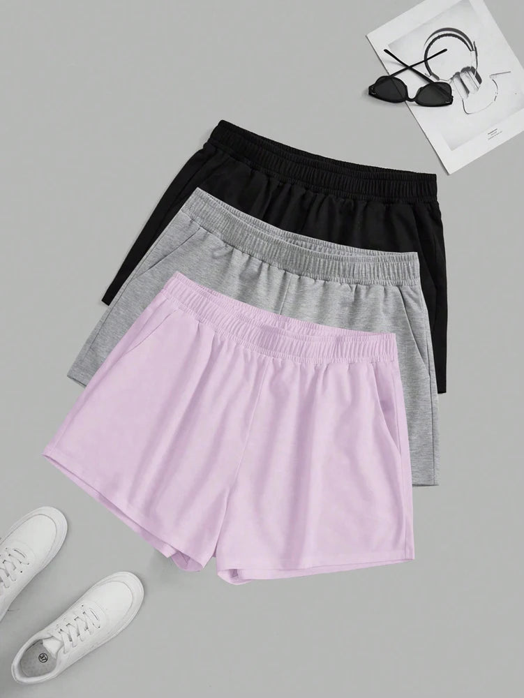 Plus Size Women's Elastic Waist Biker Shorts 3 Piece Running Workout Yoga Shorts Best for Summer Polyester