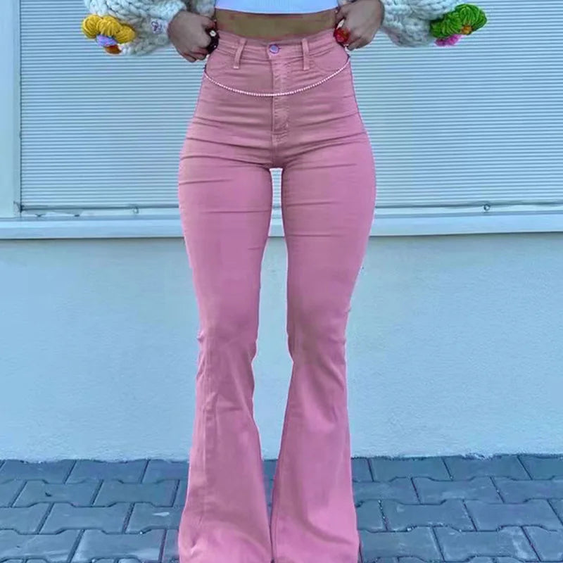 High Waist Slim Fit Street Style Pink Butt Lifting Flared Casual Denim Jeans Women's New Fashion Hot Sale Of The Season Cotto...