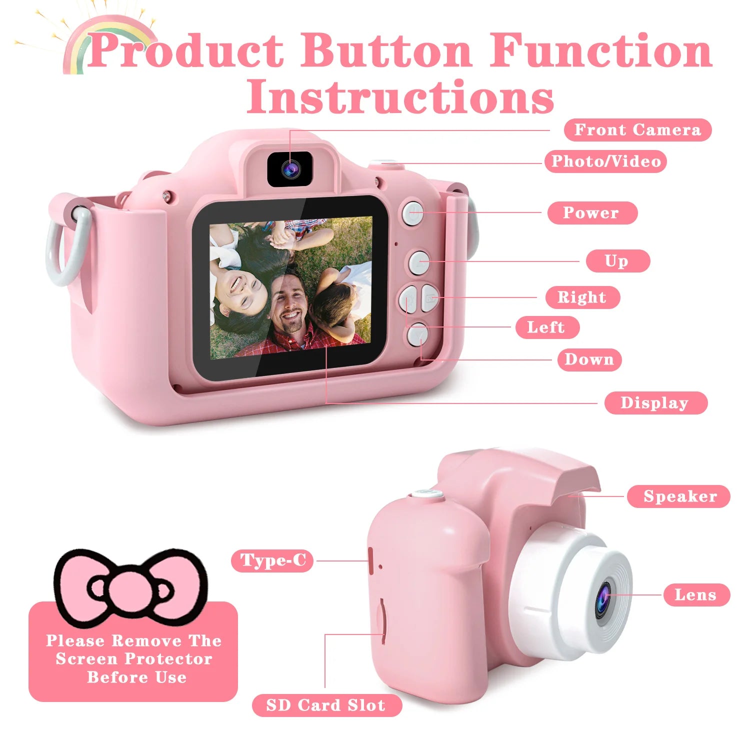 Kids Camera for Girls 1080P HD Toddlers Digital Video Record Camera for Birthday with 32GB SD Card 2 Inch IPS Screen Toy Cameras