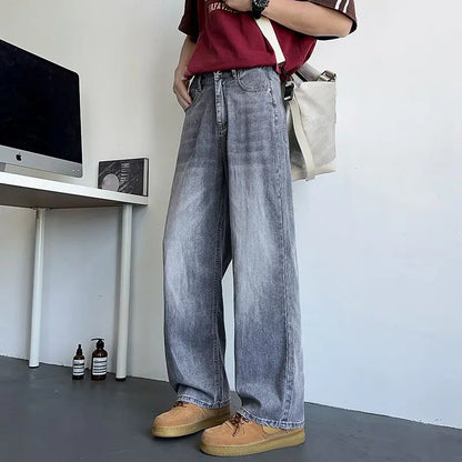 Men's Korean Streetwear Baggy Jeans — Wide Leg, Low Waist, Light Wash