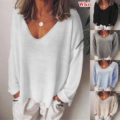 Fashion Summer New Women T-Shirt Solid Color Casual Versatile Loose Tops V-Neck Blouses Long Sleeve Shirt Perspective Y2K Tops