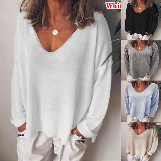 Fashion Summer New Women T-Shirt Solid Color Casual Versatile Loose Tops V-Neck Blouses Long Sleeve Shirt Perspective Y2K Tops