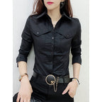2026 New Fall Winter European Clothes Shirts Office Lady Pockets Blouses Fashion Sexy Button Up Women's Long Sleeve Tops 311127 Black