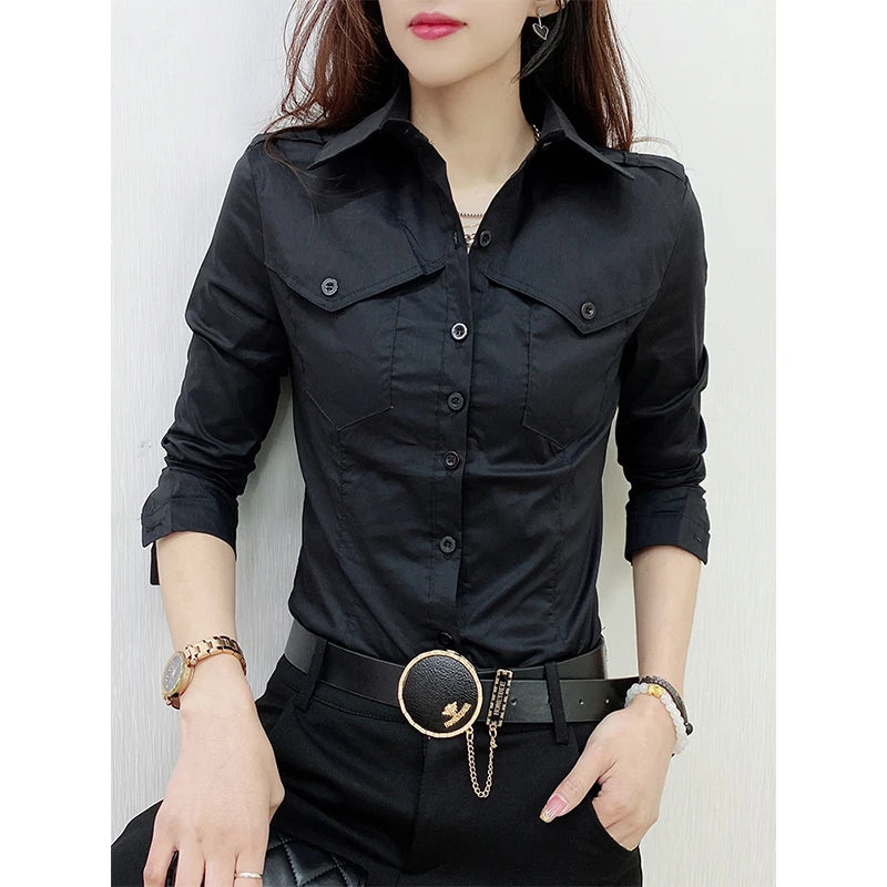 2026 New Fall Winter European Clothes Shirts Office Lady Pockets Blouses Fashion Sexy Button Up Women's Long Sleeve Tops 311127 Black