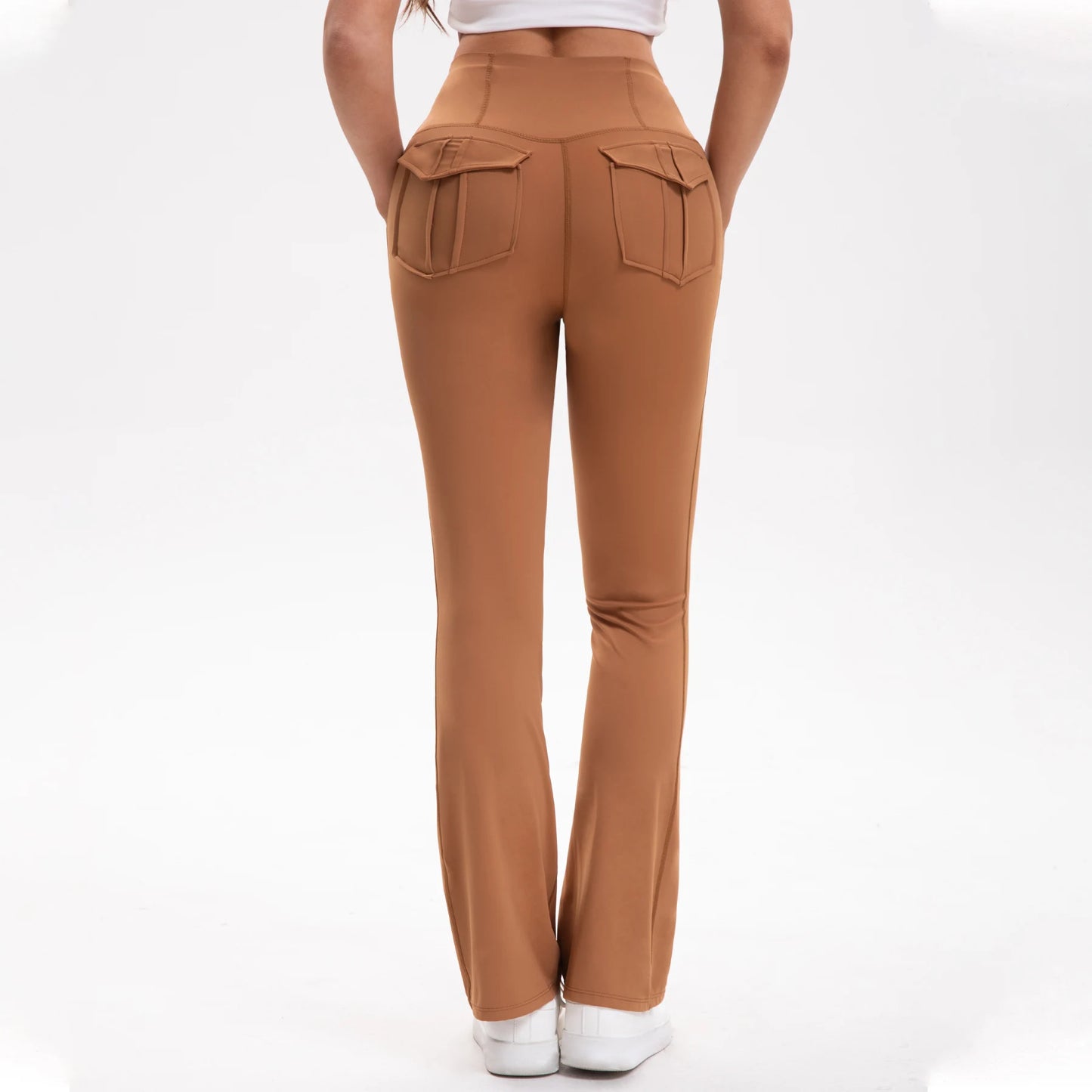 Women's High Waisted Flared Yoga Pants with Pockets Tummy Control Bootcut Leggings for Gym Fitness Casual Wear Brown Standard