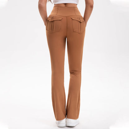 Women's High Waisted Flared Yoga Pants with Pockets Tummy Control Bootcut Leggings for Gym Fitness Casual Wear Brown Standard