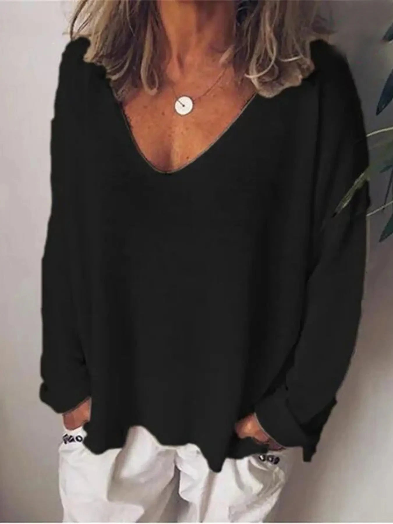 Fashion Summer New Women T-Shirt Solid Color Casual Versatile Loose Tops V-Neck Blouses Long Sleeve Shirt Perspective Y2K Tops Black