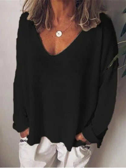 Fashion Summer New Women T-Shirt Solid Color Casual Versatile Loose Tops V-Neck Blouses Long Sleeve Shirt Perspective Y2K Tops Black