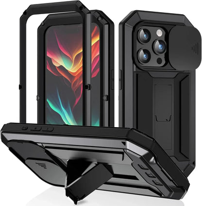 Heavy Duty Rugged Metal Case for iPhone, Case for iPhone 17 16 15 14, 13 Pro Max, Screw Military Shockproof Cover with Screen Ca black