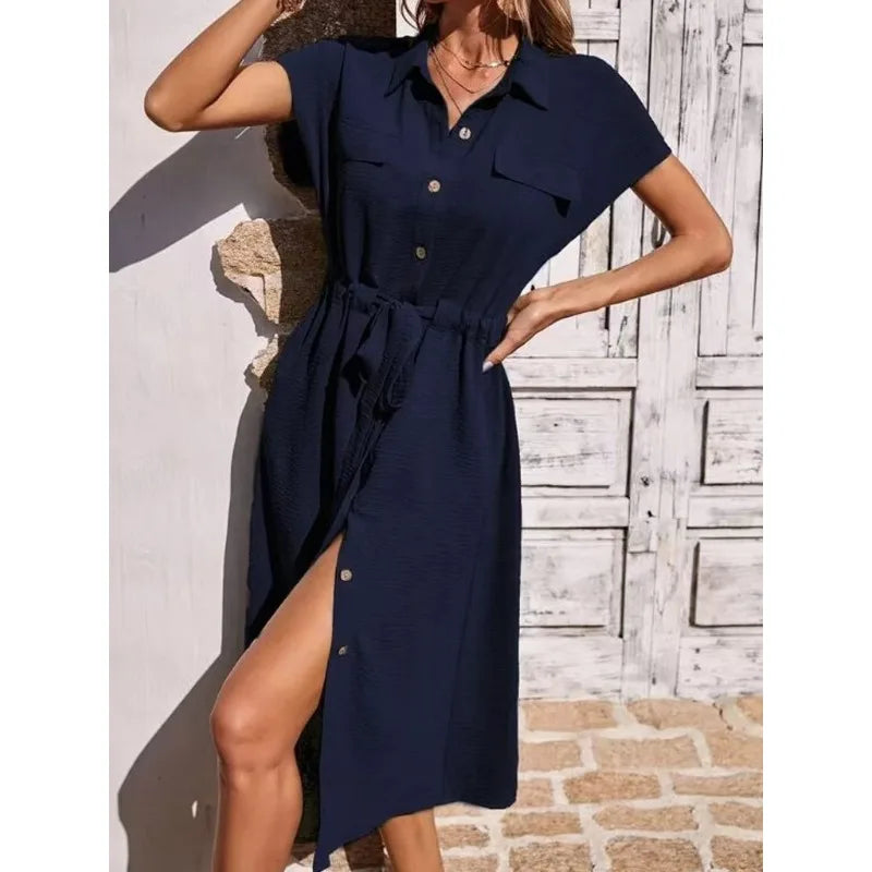 Summer Shirt Collar Waist Skirt