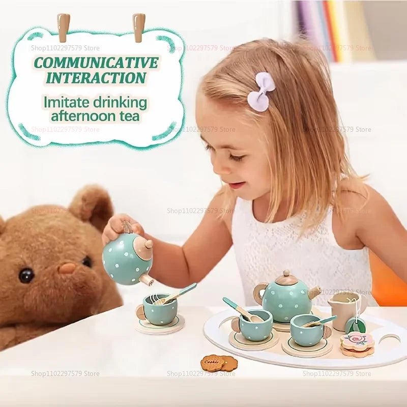 Kids Wooden Afternoon Tea Set Toys Kitchen Accessories Tea Party Food Play Early Educational Toys for Toddlers Girls Boys Gifts