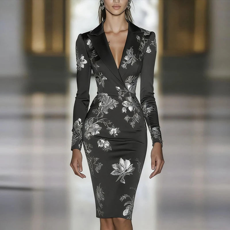 Floral Print Bodycon Evening Dress Black