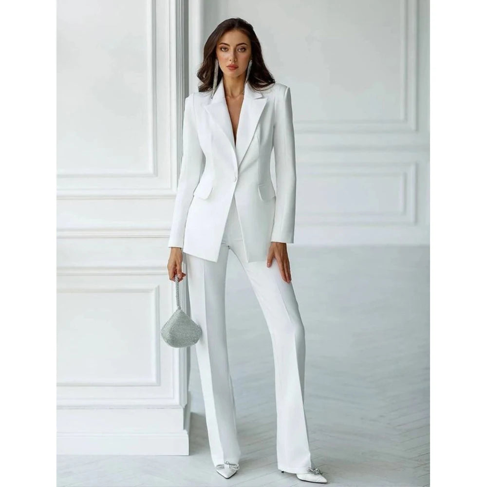 Elegant White Slim Women's Two Pieces Suit Set One Button Jacket Long Straight Pants Sets Office Banquet Wedding Female Clothing
