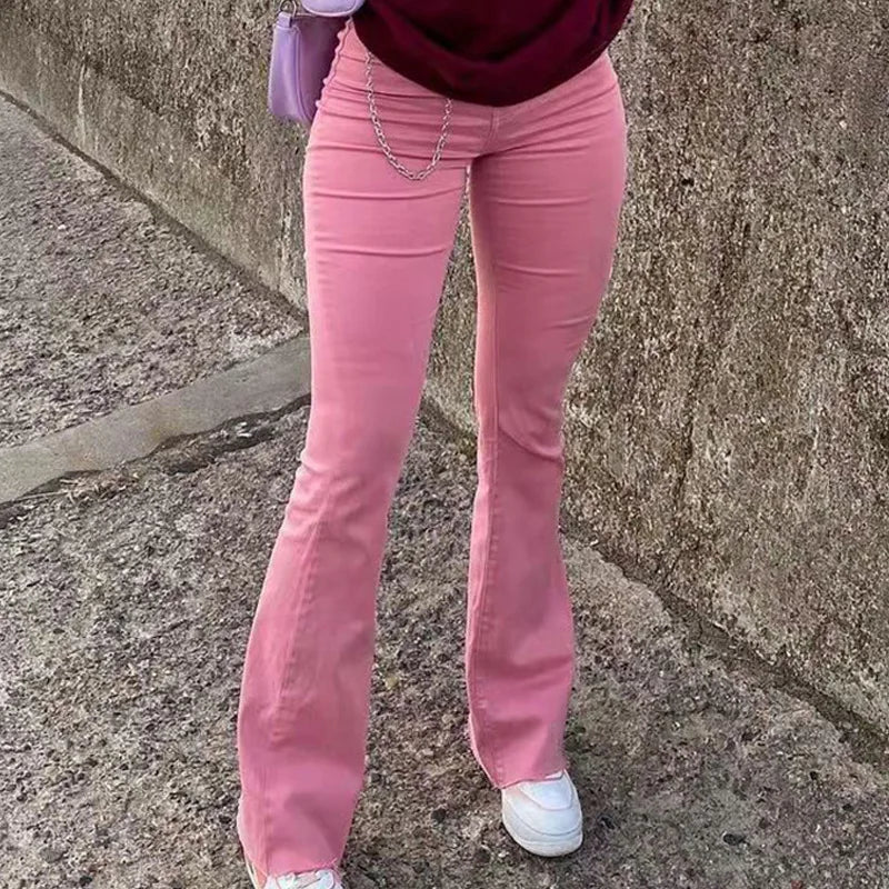 High Waist Slim Fit Street Style Pink Butt Lifting Flared Casual Denim Jeans Women's New Fashion Hot Sale Of The Season Cotto...
