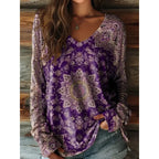 Vintage Women's T-Shirt Floral Graphic Plants Elegant Fashion Tee Long Sleeve T-shirts V-Neck Regular Tops Pullover Fall Winter