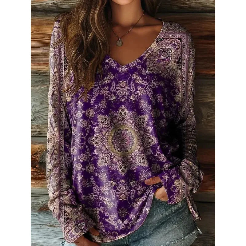 Vintage Women's T-Shirt Floral Graphic Plants Elegant Fashion Tee Long Sleeve T-shirts V-Neck Regular Tops Pullover Fall Winter