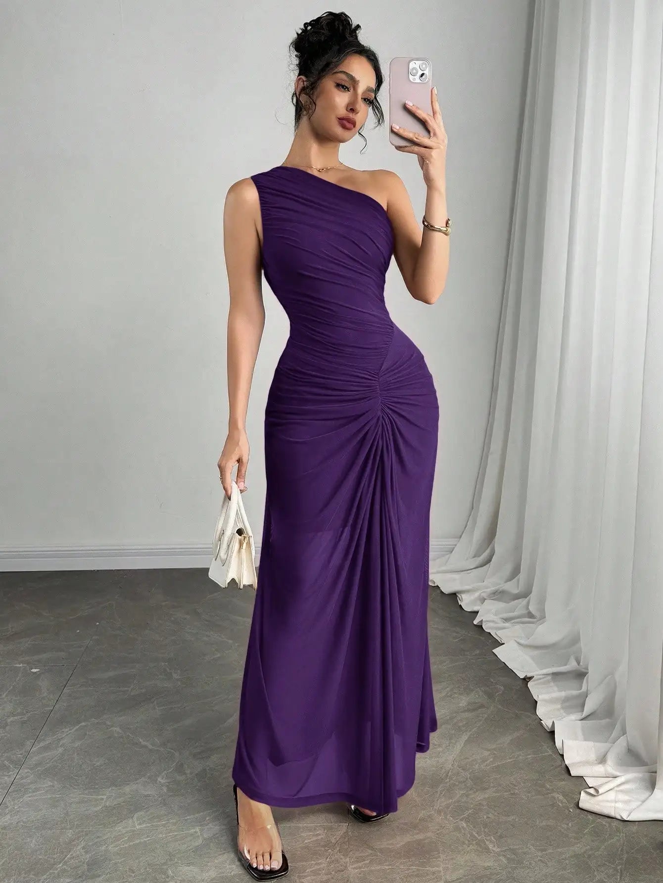 Women's One-Shoulder Ruched Burgundy Maxi Dress for Evening Party