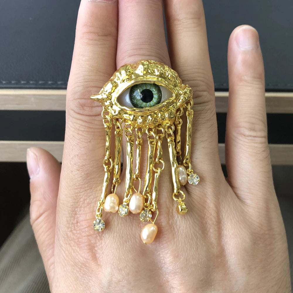 Devil's Eye Tassel Ring — Vintage Pearl Statement Ring for Women