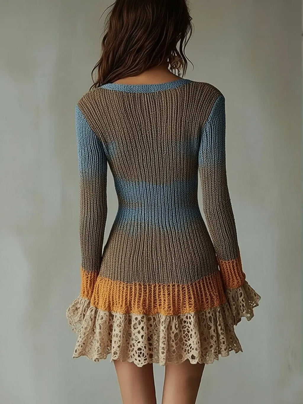 Sweater Knitted Dress for Women's Flare Sleeve Lace Trim Hollow Out Sexy V-Neck Winter Fall Chic Retro Casual Mini Dress
