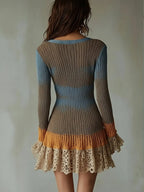 Sweater Knitted Dress for Women's Flare Sleeve Lace Trim Hollow Out Sexy V-Neck Winter Fall Chic Retro Casual Mini Dress
