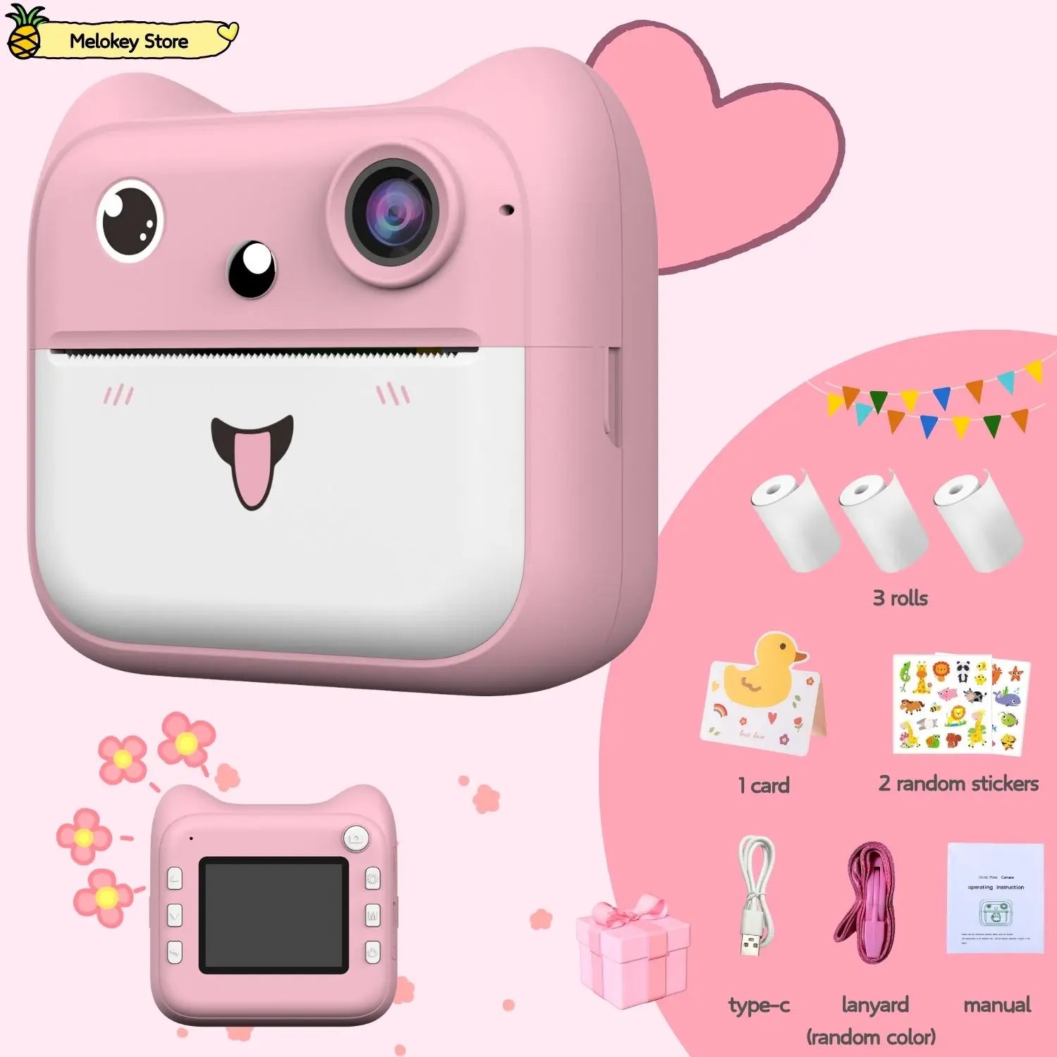 Kids Photo Camera Printer with Game Cute Pink Blue Mini Digital Video Child Instant Print Camera 4-12 Years Kids Girls Boys Gift Pink-Set2