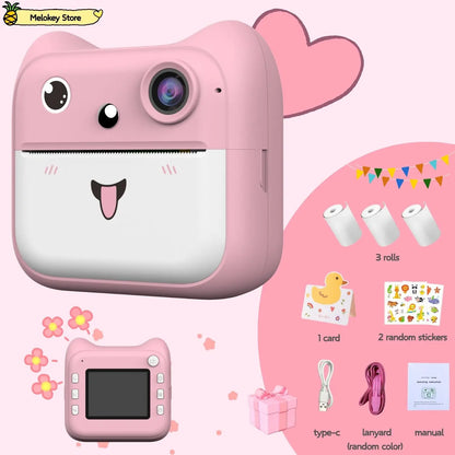 Kids Photo Camera Printer with Game Cute Pink Blue Mini Digital Video Child Instant Print Camera 4-12 Years Kids Girls Boys Gift Pink-Set2