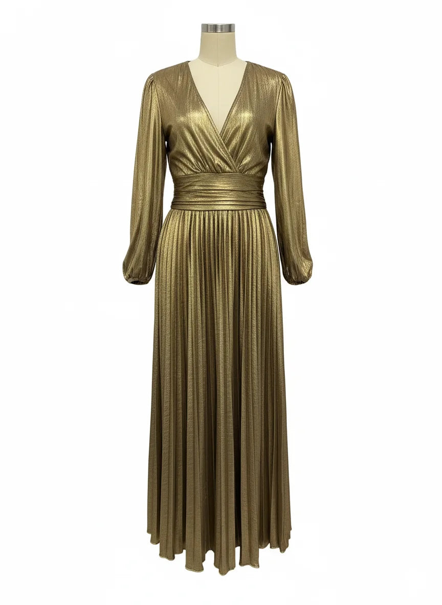 Wedding Prom Party Elegant Long Dresses Women Pleated V-Neck Dresses 2025 Spring Autumn Long Sleeves Gown Gold Holiday Dress